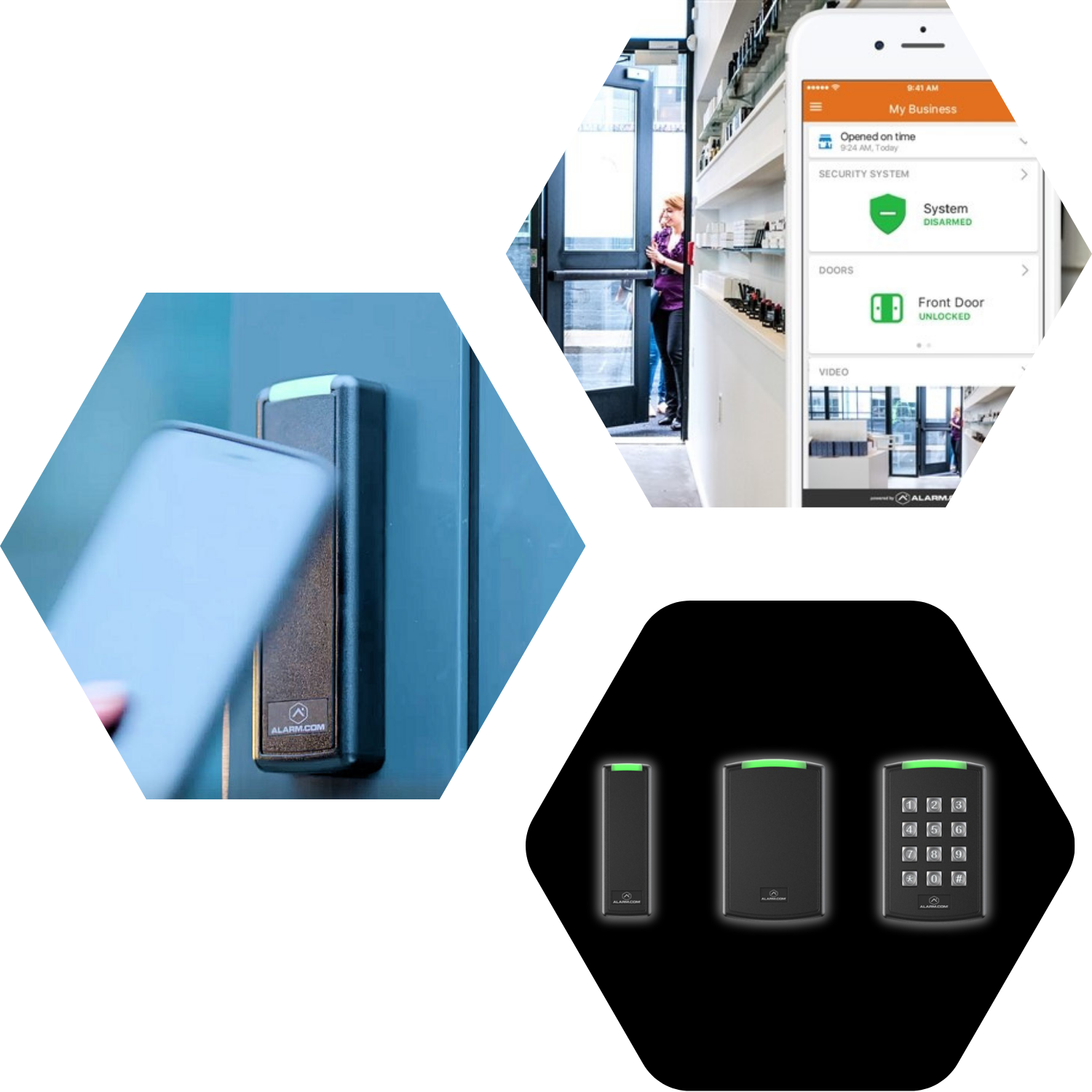 Close-up of a security system keypad being used by a person in an office environment, with a woman at the entrance door in the background and a smartphone displaying a security app on the right side.
