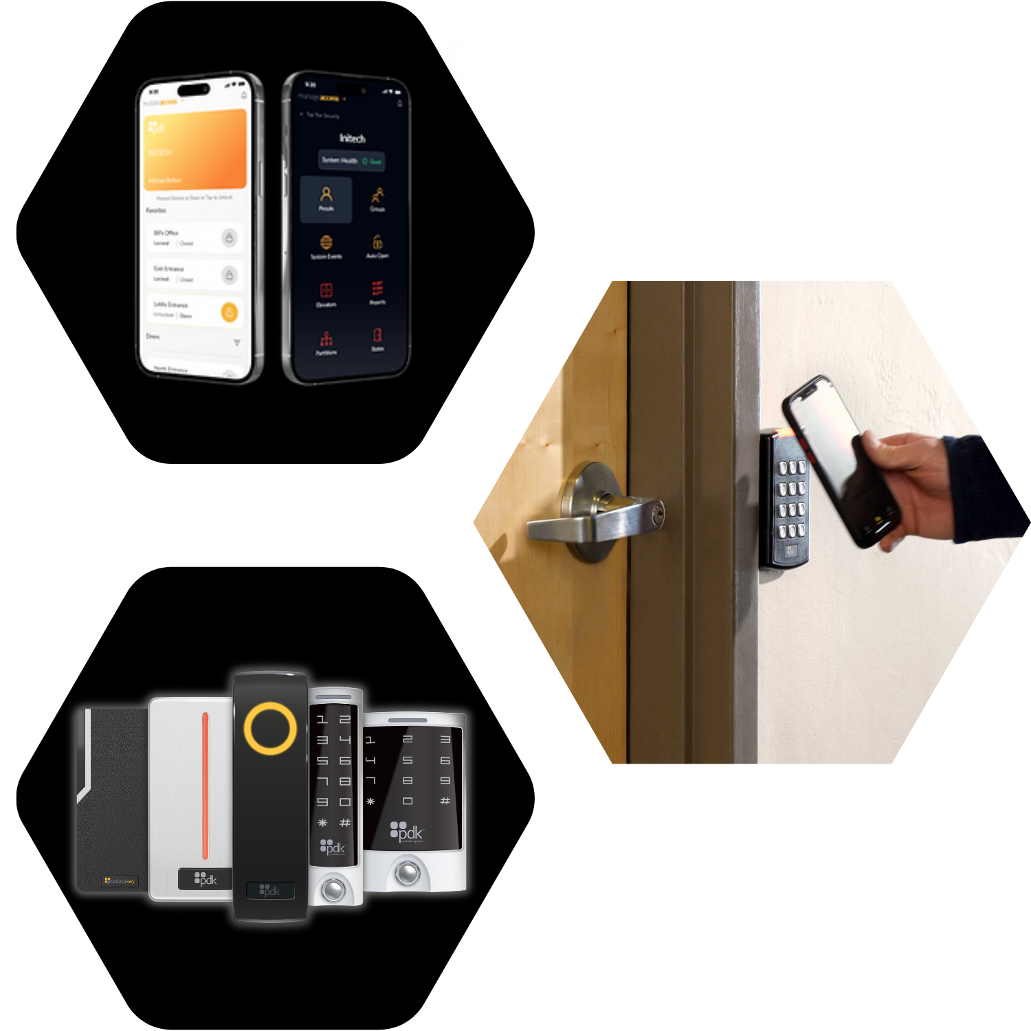 The image shows a person using a smartphone with a keyless access code keypad on the door, along with several smartphone screens displaying security or access app interfaces and electronic locks.