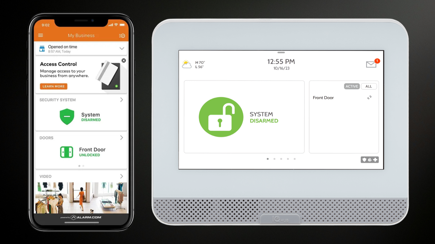 Smartphone and touchscreen display showing home security system status. The smartphone screen displays a security app with system disarmed, front door unlocked, and a video feed, while the touchscreen shows the system disarmed and front door unlocked.