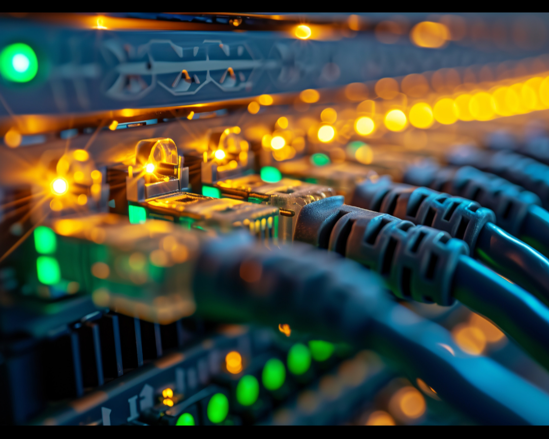Close-up of a network switch with blinking green and yellow LED lights, Ethernet cables plugged into it.