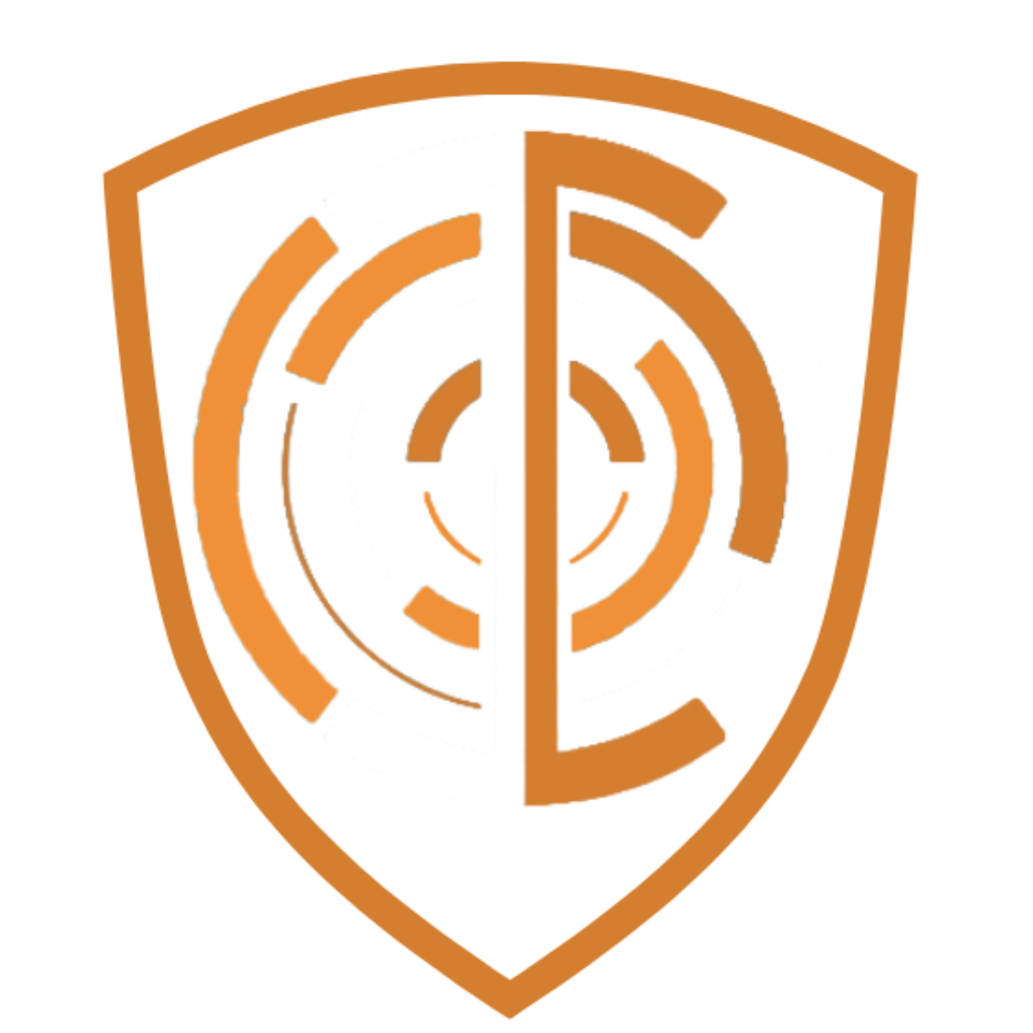 Image of a shield with a white background divided into two halves, featuring a smiling face drawn on each side with brown curved lines representing the hair. The shield is in orange and purple colors.