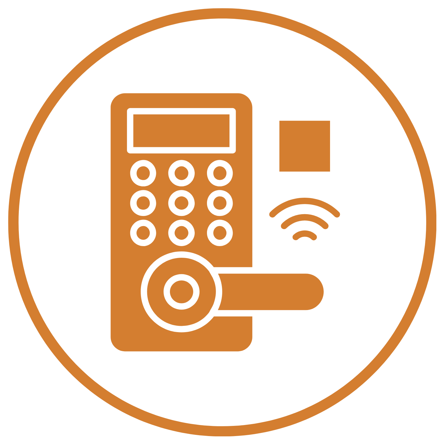Illustration of a remote control, a Wi-Fi signal icon, and a CD or disc, all inside an orange circle on a black background.