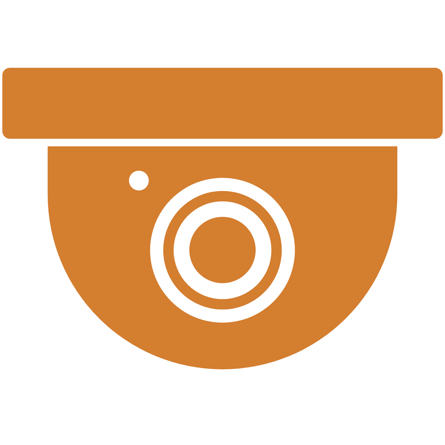 Graphic icon of a security camera in brown and black.