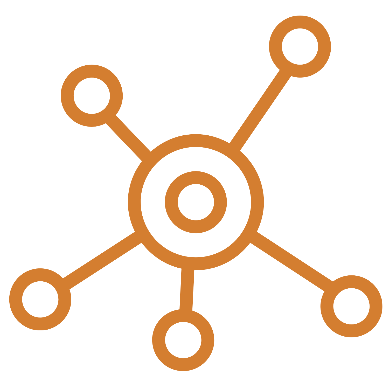 A stylized, orange, abstract network or connection diagram with a central circle connected to six surrounding circles.