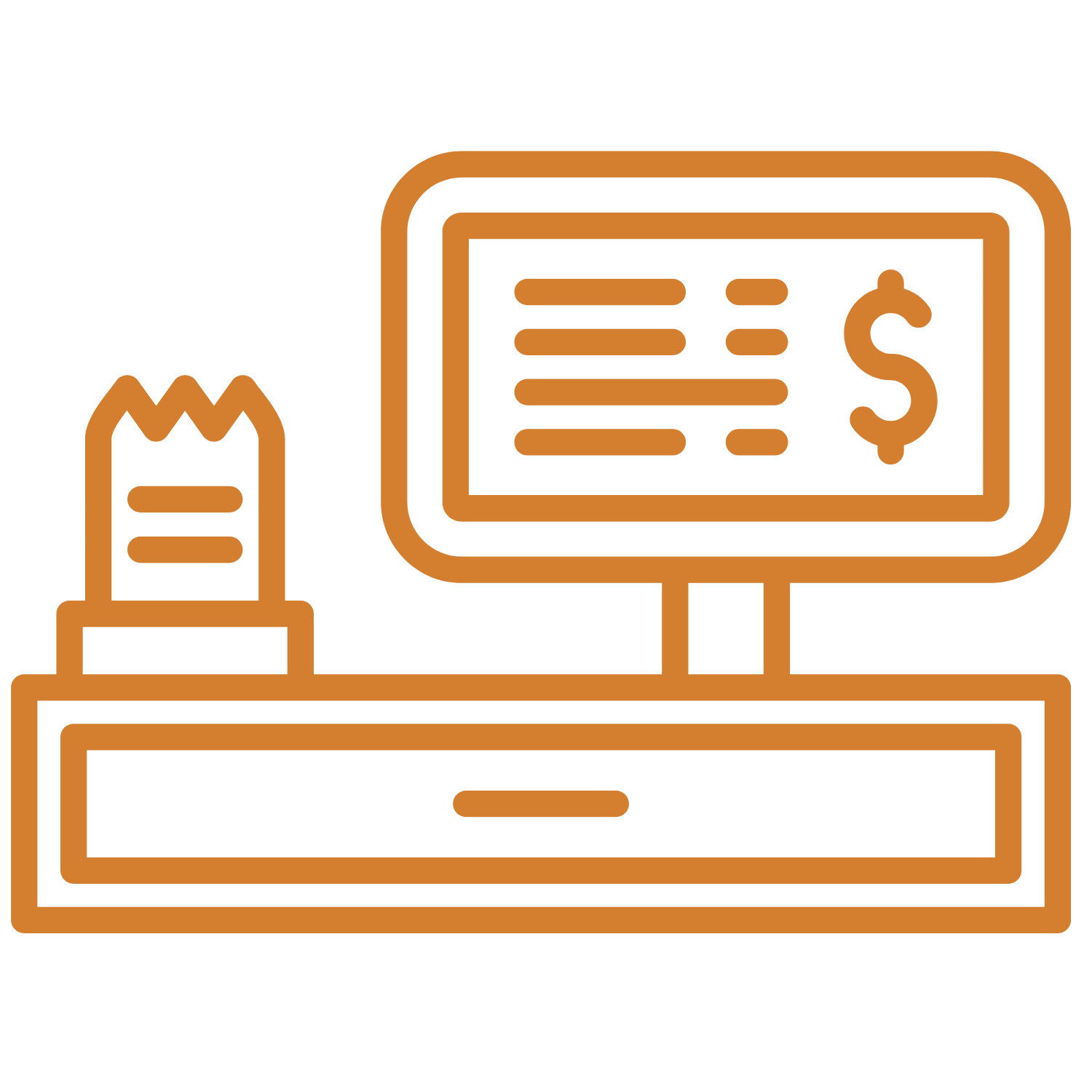 Outline drawing of a cash register and a computer monitor displaying a receipt and dollar sign.
