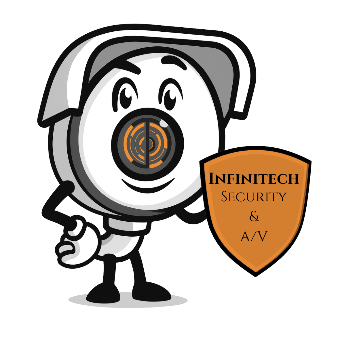 Cartoon security mascot holding a shield that reads 'Infintech Security & A/V' with a smiling face and a friendly pose.