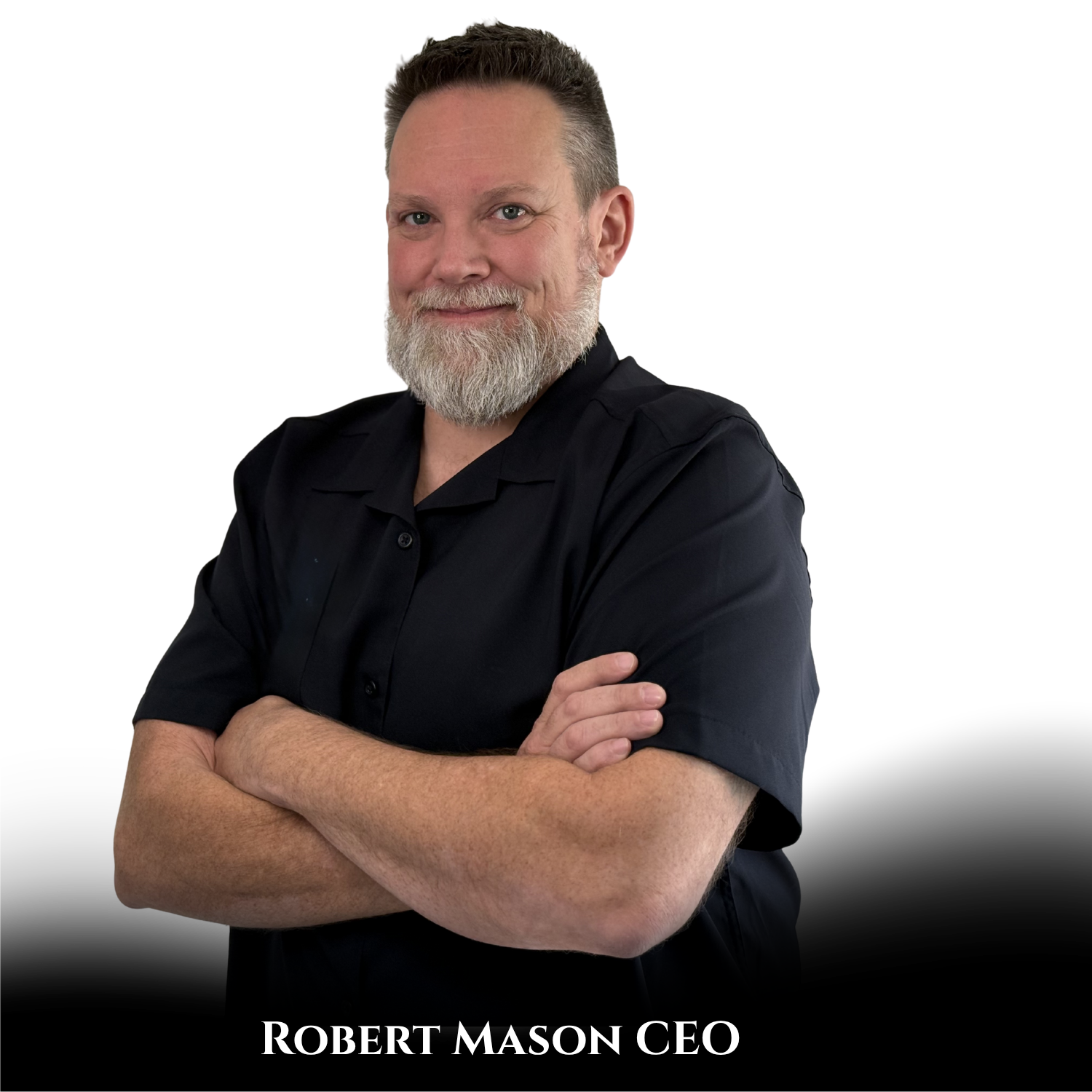 A middle-aged man with a beard and short hair, wearing a black shirt, standing with arms crossed, smiling, with a black background. Text below reads "ROBERT MASON CEO."