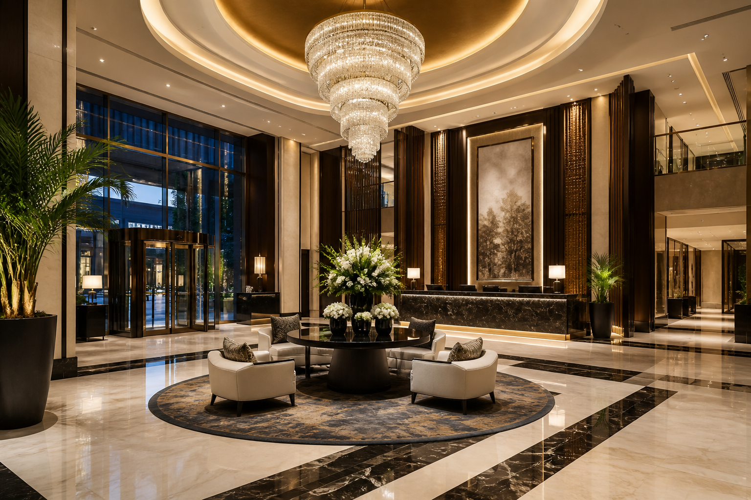 Luxurious hotel lobby with a grand chandelier, a circular seating area with white armchairs, a black round table with floral arrangements, large windows, and elegant decor.