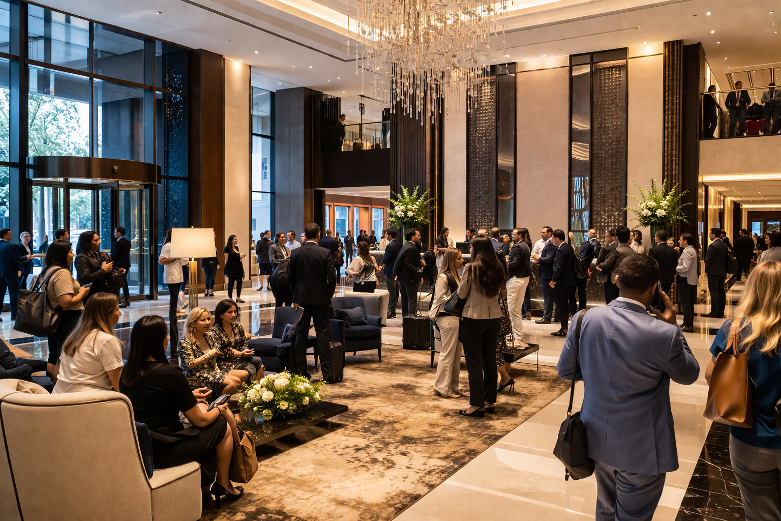 Busy hotel lobby filled with people, some sitting on sofas, others standing and talking, tall glass windows and modern decor with large floral arrangements and a chandelier overhead.