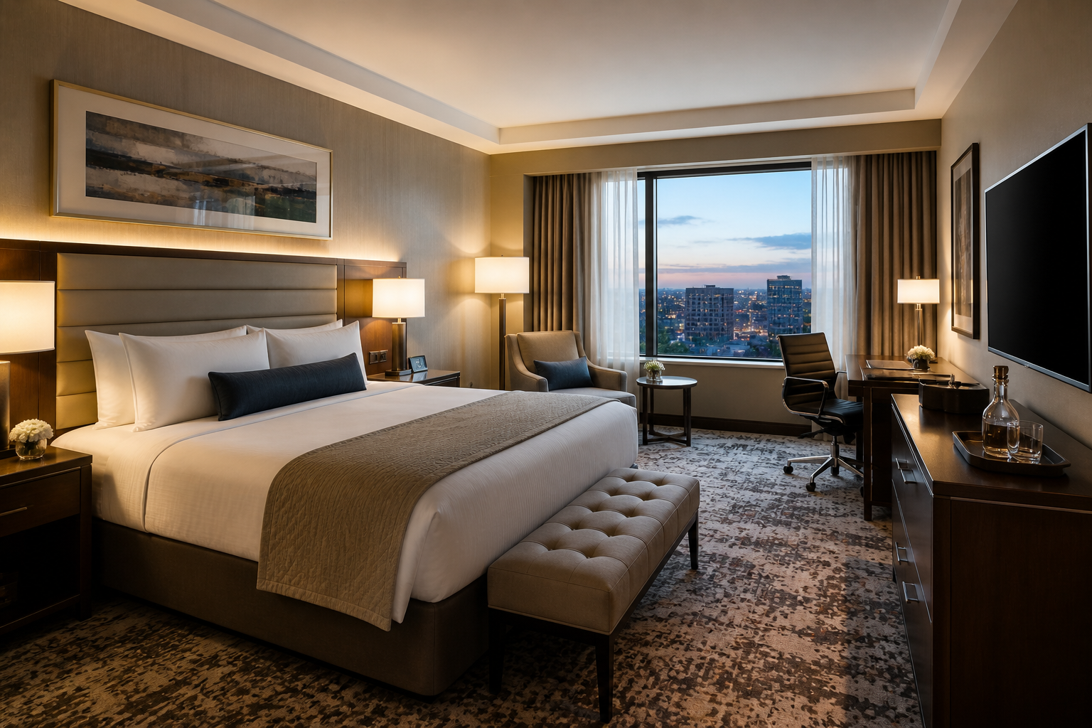 Elegant hotel room with king-sized bed, beige and brown decor, and city view through large window at sunset.