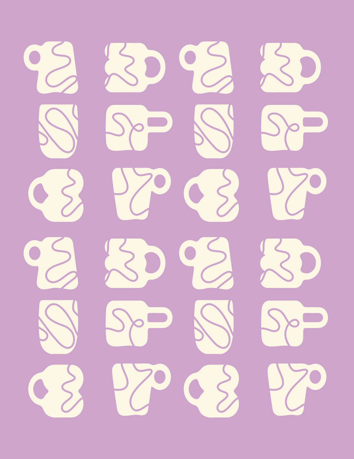 Pattern of white coffee mugs with purple accents on a lavender background.