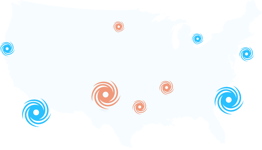 Map of the United States with hurricane symbols in the Gulf Coast, East Coast, Florida, and Gulf of Mexico.