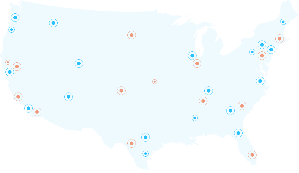 Map of the United States with blue and red circles indicating various locations.