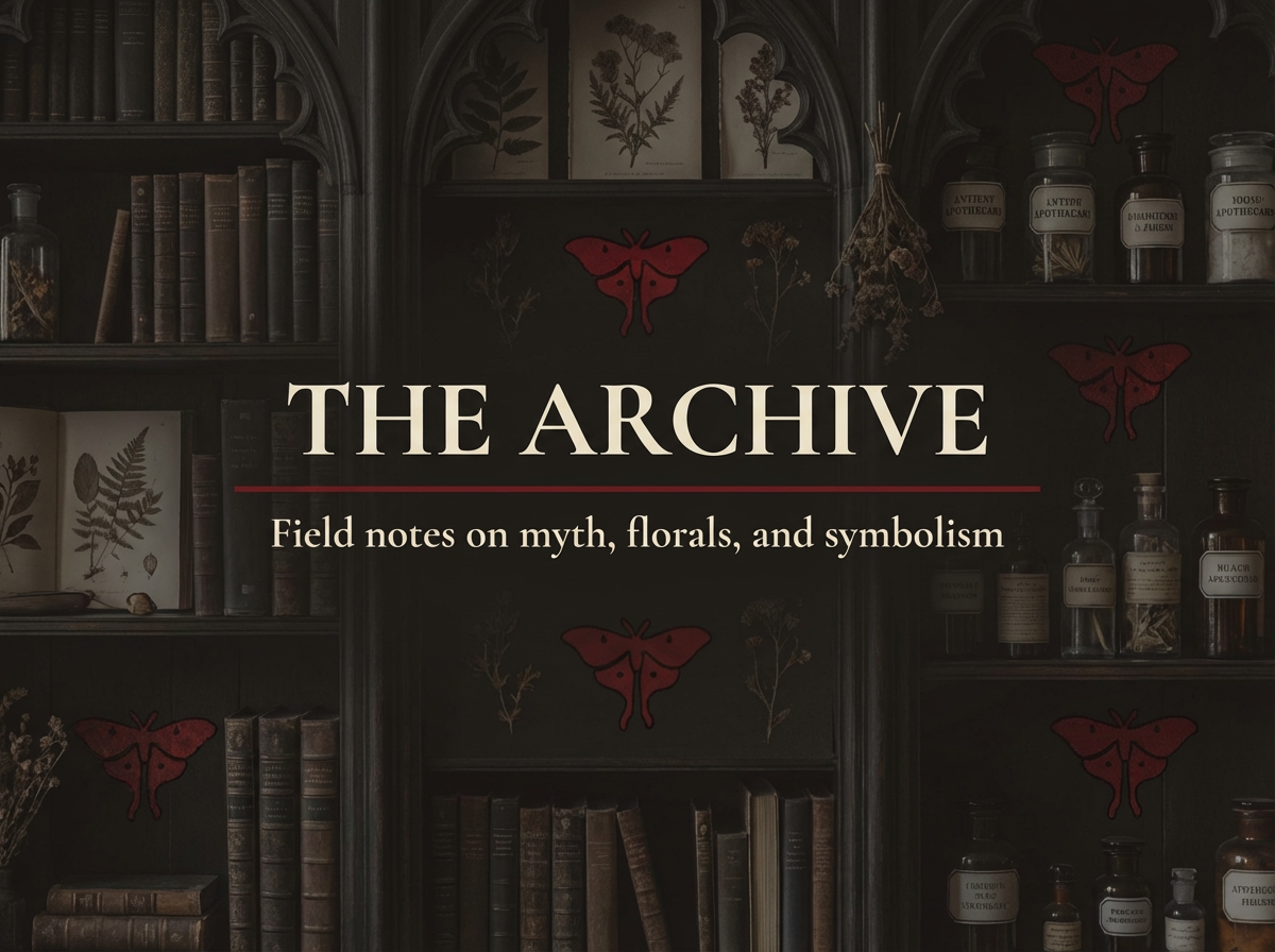 Bookstore shelf with botanical illustrations, labeled jars, and red butterfly decorations, with the title 'The Archive: Field notes on myth, florals, and symbolism' overlayed.