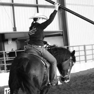 Woman in cowboy hat riding a horse inside an indoor arena, holding a long pole.
