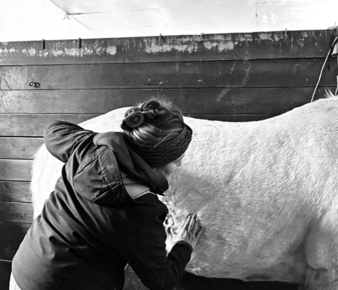 A woman with headphones and a headband grooming a horse inside a wooden stable.