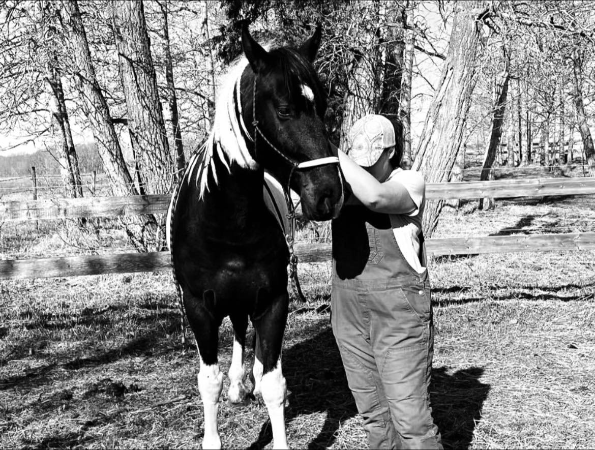A person wearing a cap and vest stands next to a black and white horse, patting its face with their arm, in a rural outdoor setting with trees and a wooden fence.