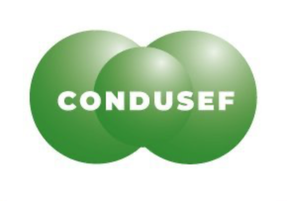 Logotipo de CONDUSEF con tres círculos verdes y el texto en blanco