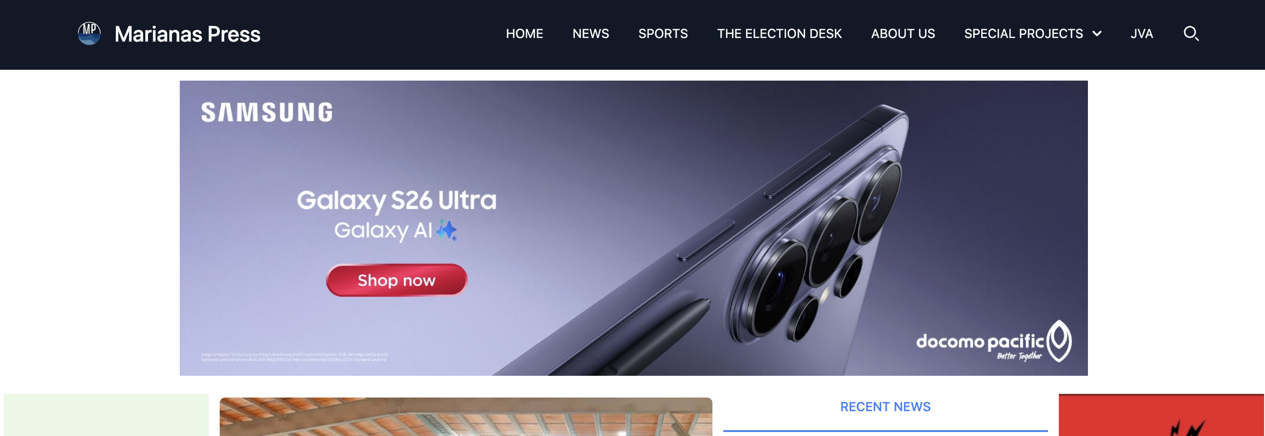 Advertisement for Samsung Galaxy S26 Ultra with a purple background and a close-up of a smartphone with multiple camera lenses. The ad includes a red "Shop now" button and branding for Marianas Press and Docomo Pacific.