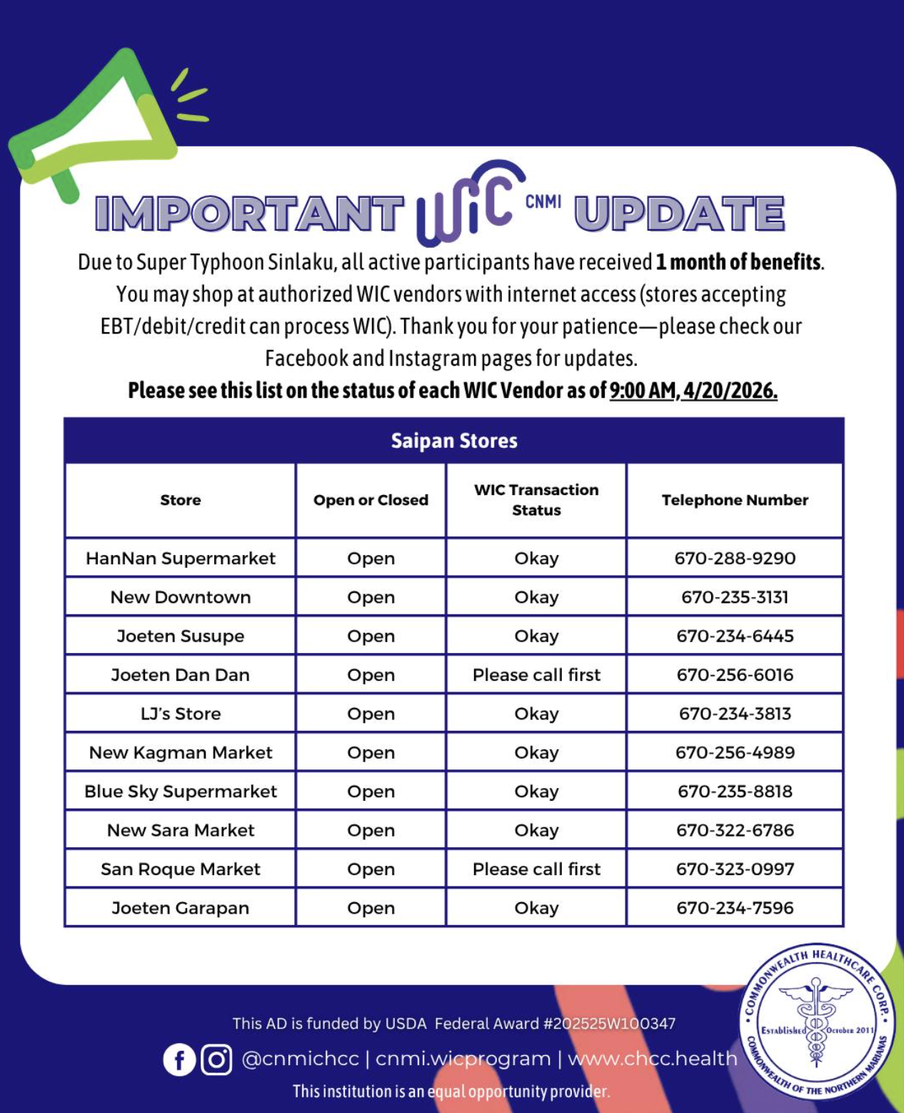 A health notice about WIC benefits following Super Typhoon Sinlaku, listing store statuses, transaction statuses, and phone numbers for various stores in Saipan.