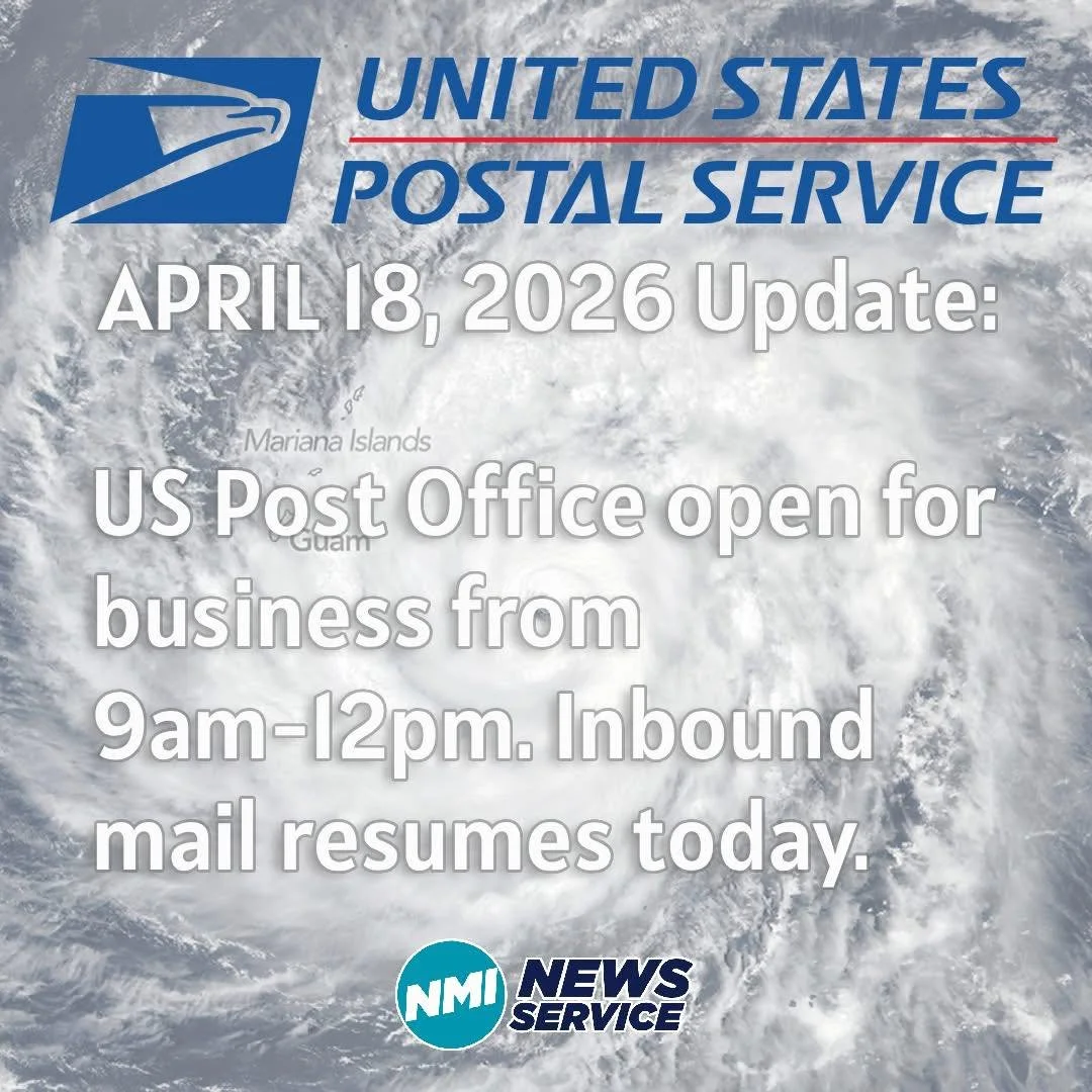 United States Postal Service update dated April 18, 2026, indicating the post office is open for business from 9 am to 12 pm with inbound mail resumes today. Background features a satellite image of a hurricane.