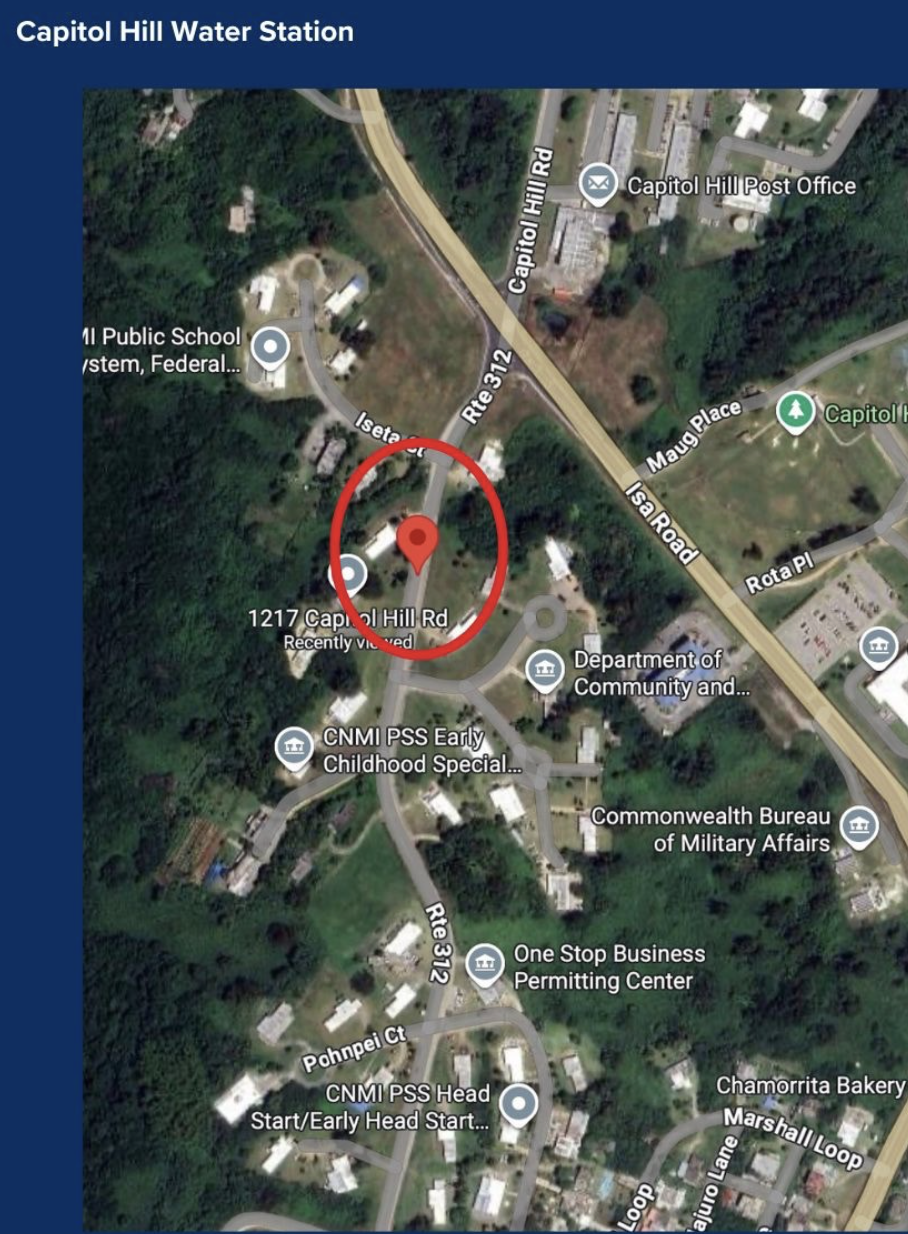Satellite map of Capitol Hill area with markers for roads, buildings, and landmarks including Capitol Hill Post Office, Department of Community, CNMI PSS Early Childhood, and Capitol Hill Water Station, with a red circle marking a specific location on Capitol Hill Road.
