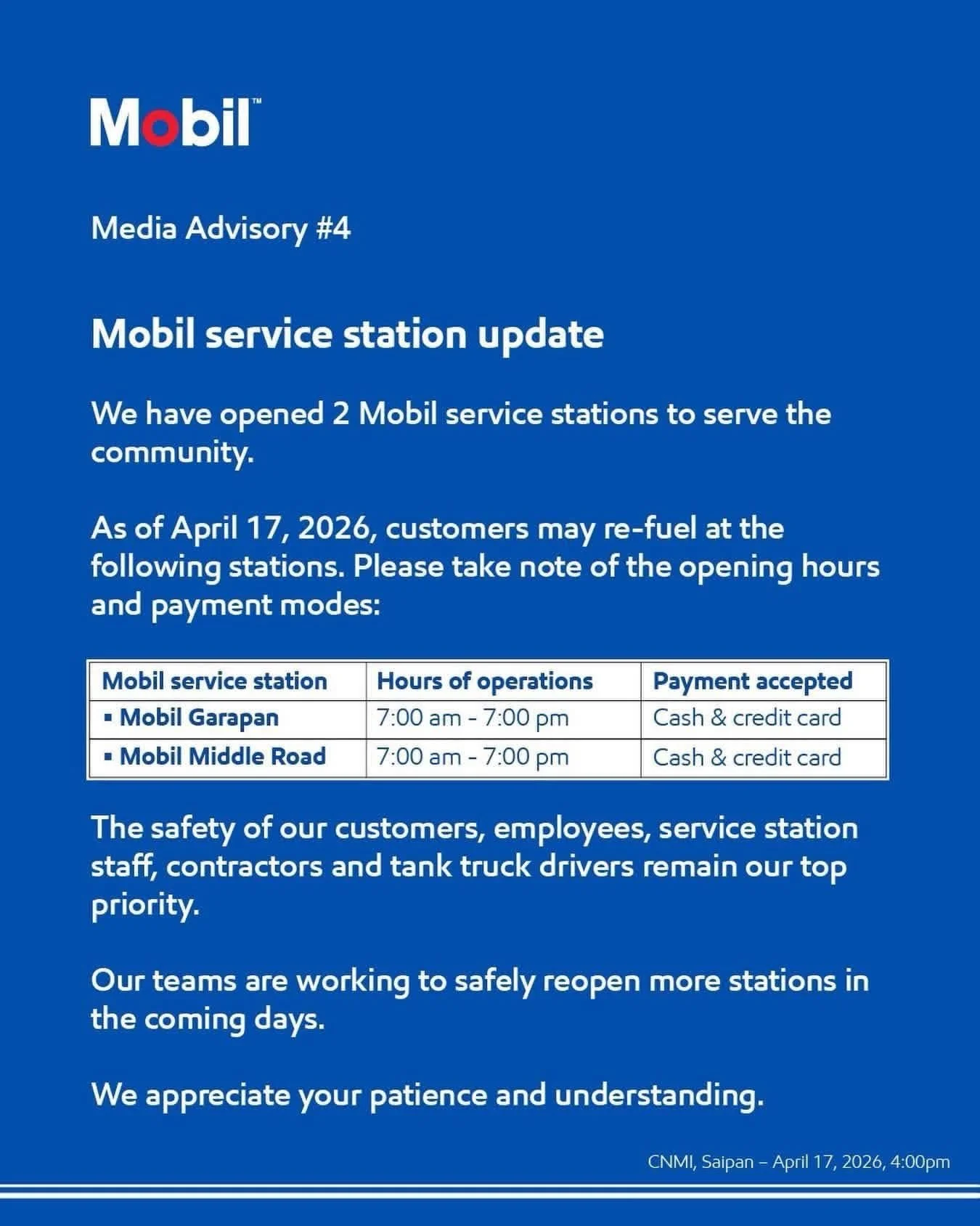 Notification from Mobil stating the opening of two new service stations, Mobil Garapan and Mobil Middle Road, with their operating hours from 7:00 am to 7:00 pm and payment methods accepted including cash and credit card. The message emphasizes safety and patience, signed by CNMI, Saipan, dated April 17, 2026, at 4:00 pm.