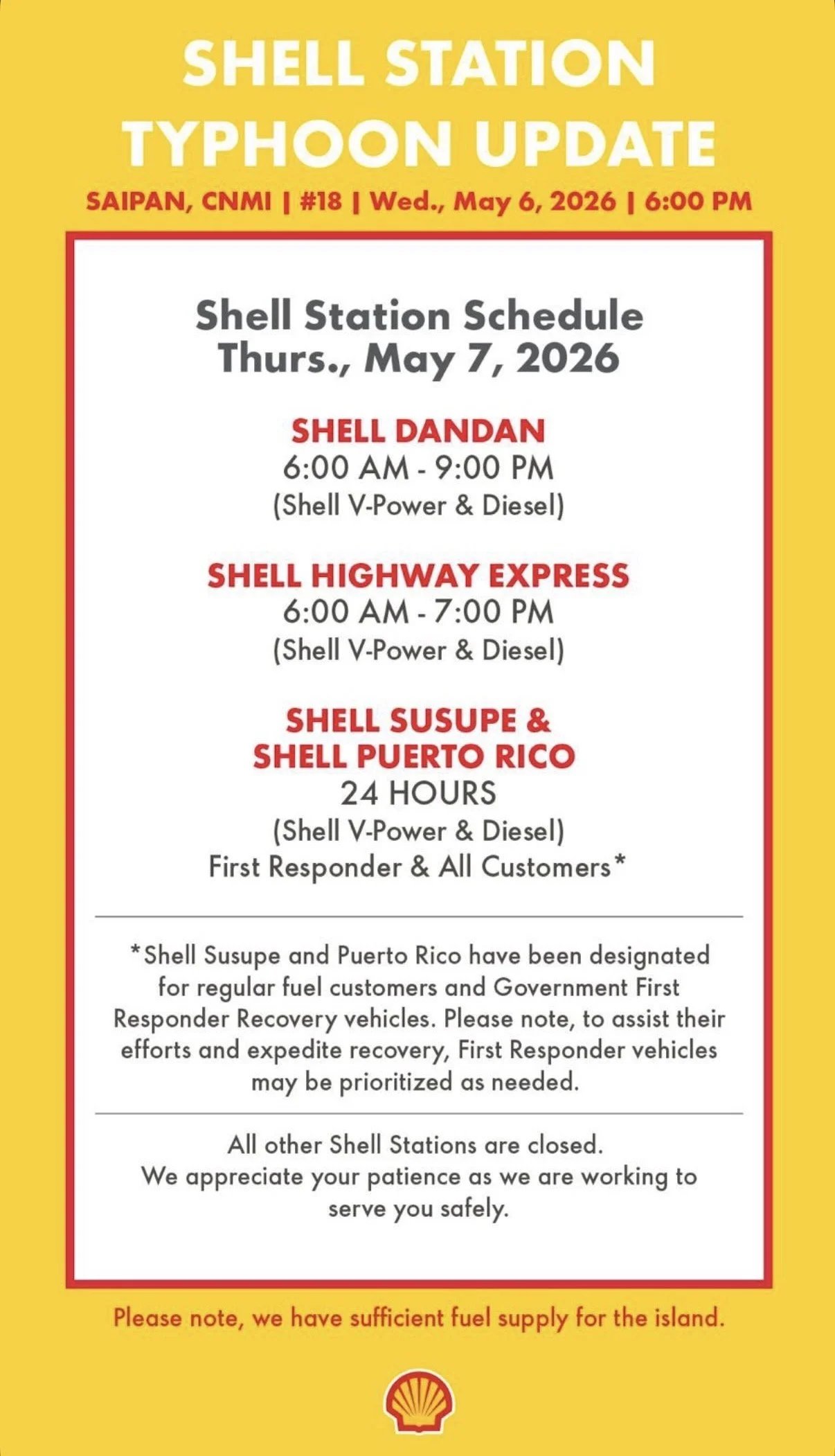 Shell station update notice for Typhoon Typhoon on May 6, 2026, with schedule updates for May 7, 2026, including station hours and special fuel designation for first responders and all customers.