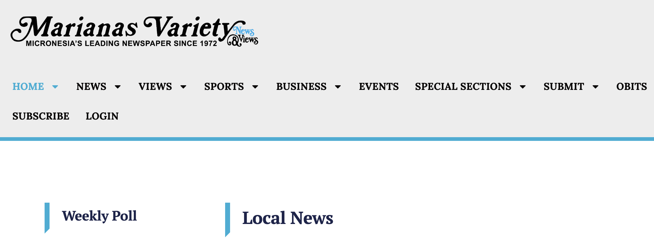 Screenshot of Marcelinas Variety news website homepage with navigation menu, logo, and section headings.