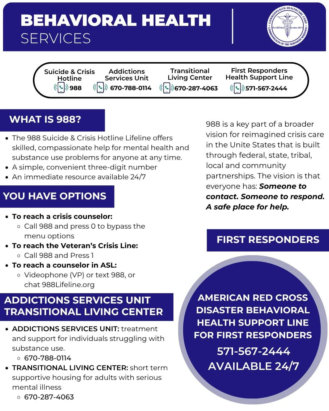 Information poster for behavioral health services provided by American Red Cross Disaster Behavioral Health Support Line, including suicide hotline, addiction services, transitional living, and first responders support. Phone numbers and instructions are listed for each service.