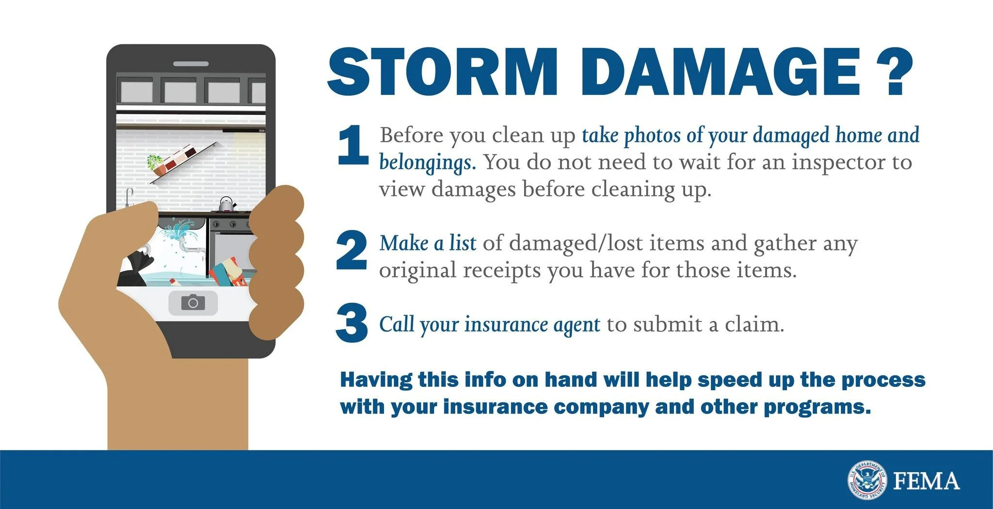 Infographic with a cartoon illustration of a person taking a photo of their damaged home on a smartphone. The text provides tips on storm damage documentation for insurance claims, including taking photos, making a list of damaged items, and calling an insurance agent. The FEMA logo is in the bottom right corner.