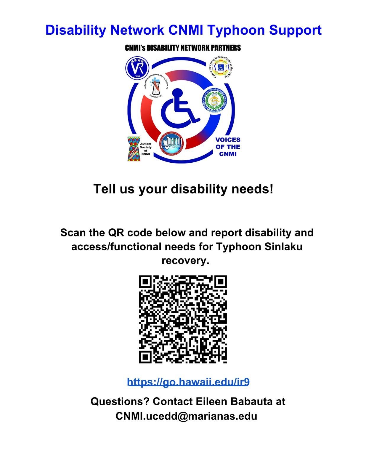 Flyer for Disability Network CNMI Typhoon Support with logos of partner organizations, a wheelchair symbol, and a QR code for reporting disability and accessibility needs.