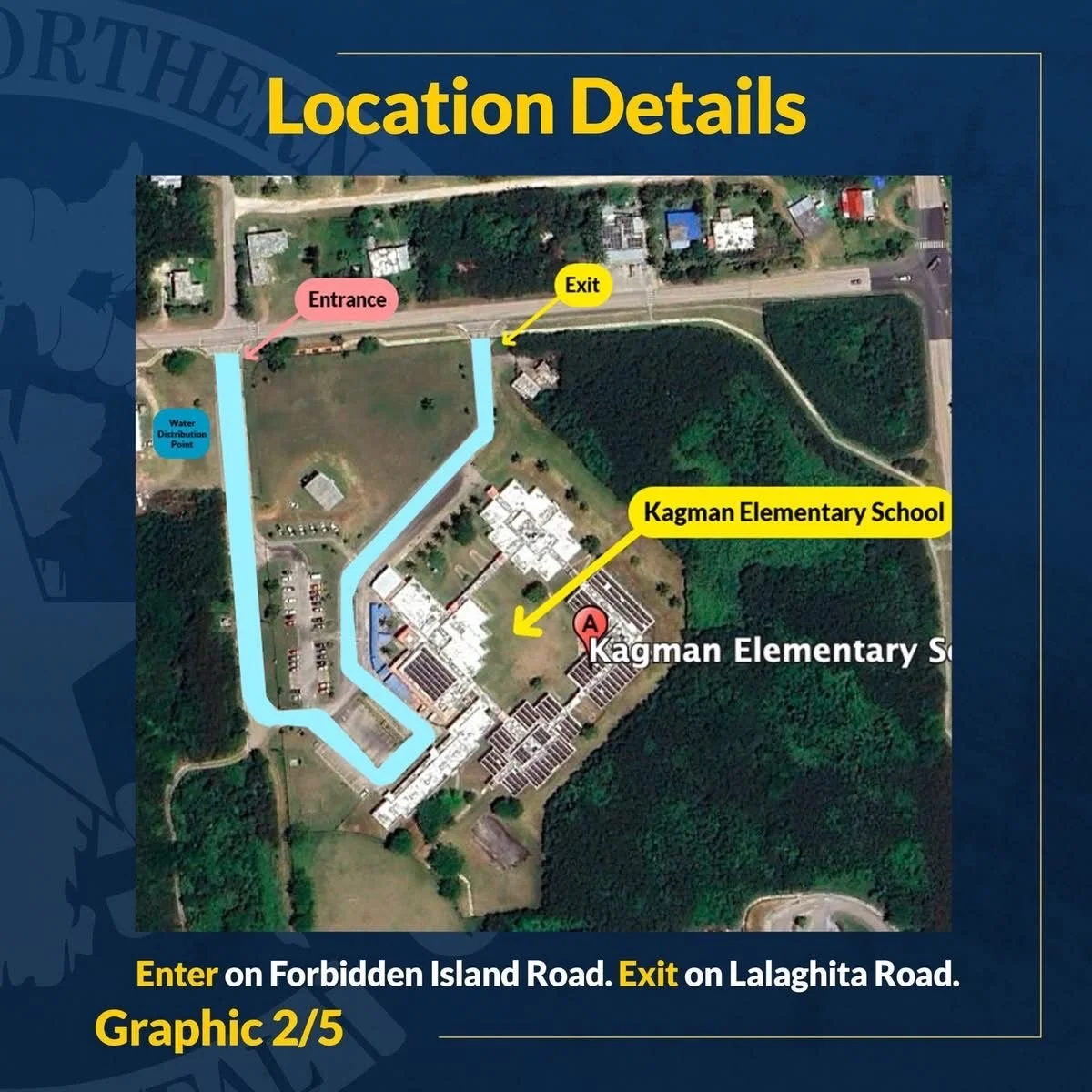Map showing directions to Kagman Elementary School with marked entrance, exit, water distribution point, and school location, on a background of trees and roads.