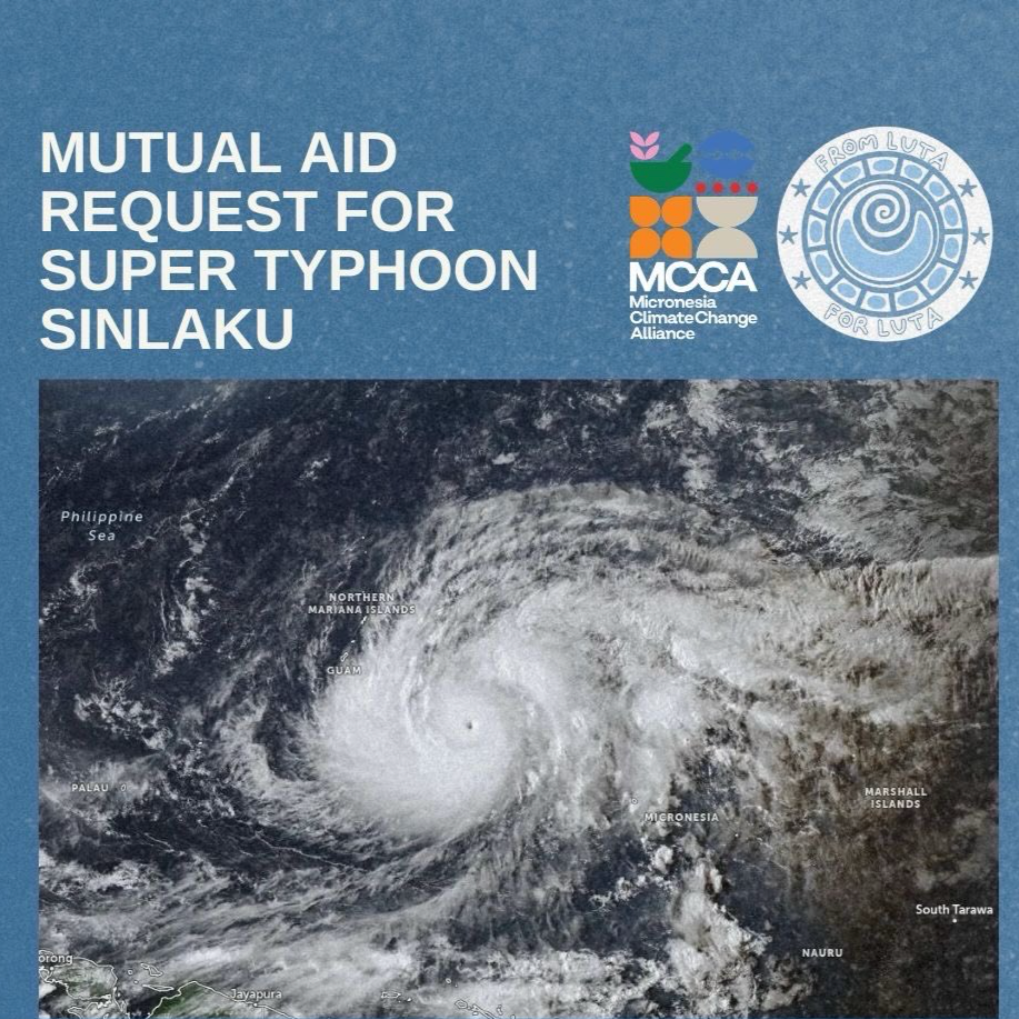 Image shows a satellite view of Typhoon Sinlaku with a spiral cloud formation over Micronesia, the Philippines Sea, Palau, Guam, and surrounding islands, and includes logos of climate and aid organizations.
