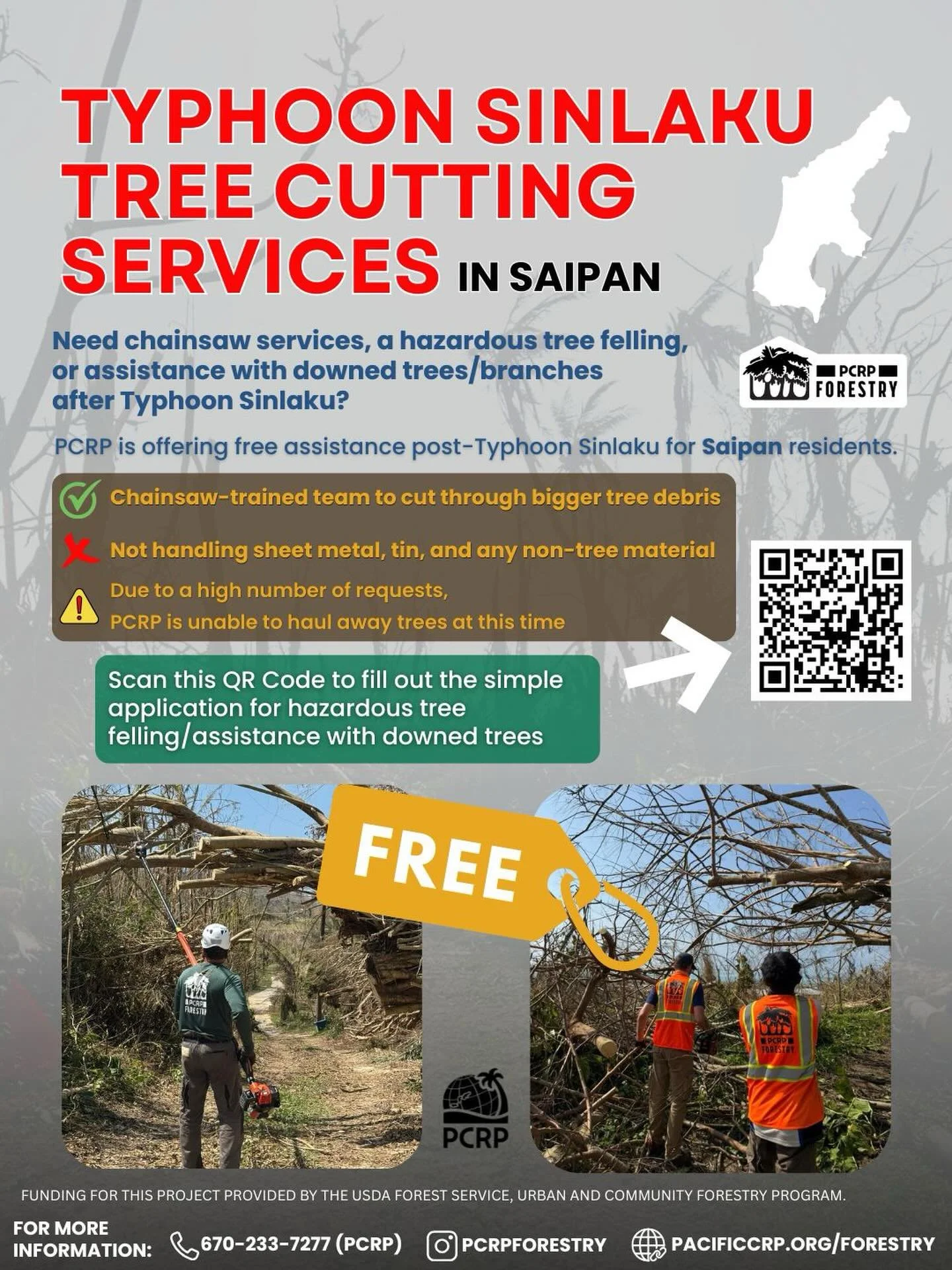 A flyer for Typhoon Sinlaku tree cutting services in Saipan, featuring images of fallen trees and forestry workers, with contact information and a QR code for service applications.