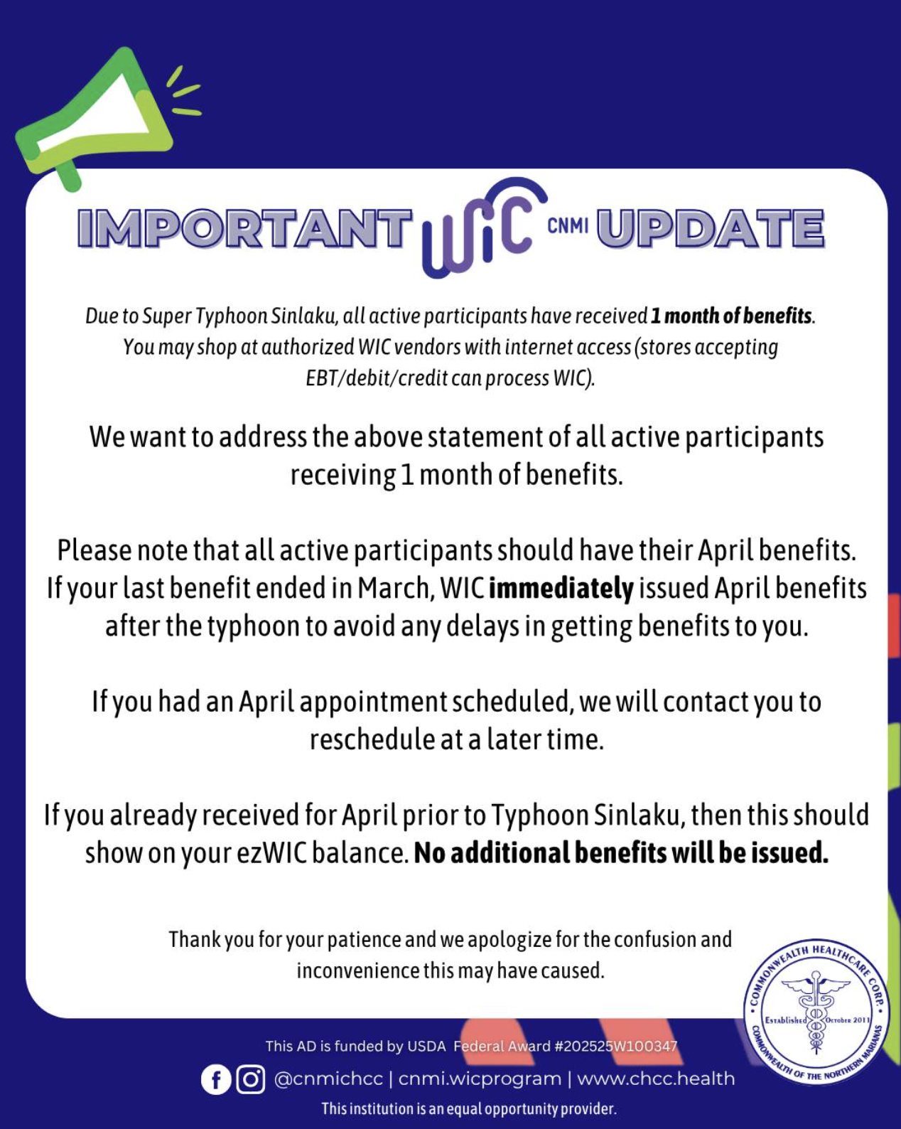 Notification from CNMI about benefits following Super Typhoon Sinlaku, stating active participants received one month of benefits, with instructions on how to process benefits and update appointments.