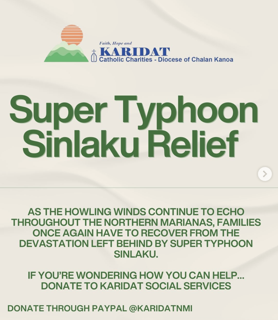 Flyer for Super Typhoon Sinlaku Relief by KARIDAT Catholic Charities - Diocese of Chalan Kanoa, with a logo of a sun setting behind mountains and a cross, containing information about disaster recovery efforts and donation instructions.