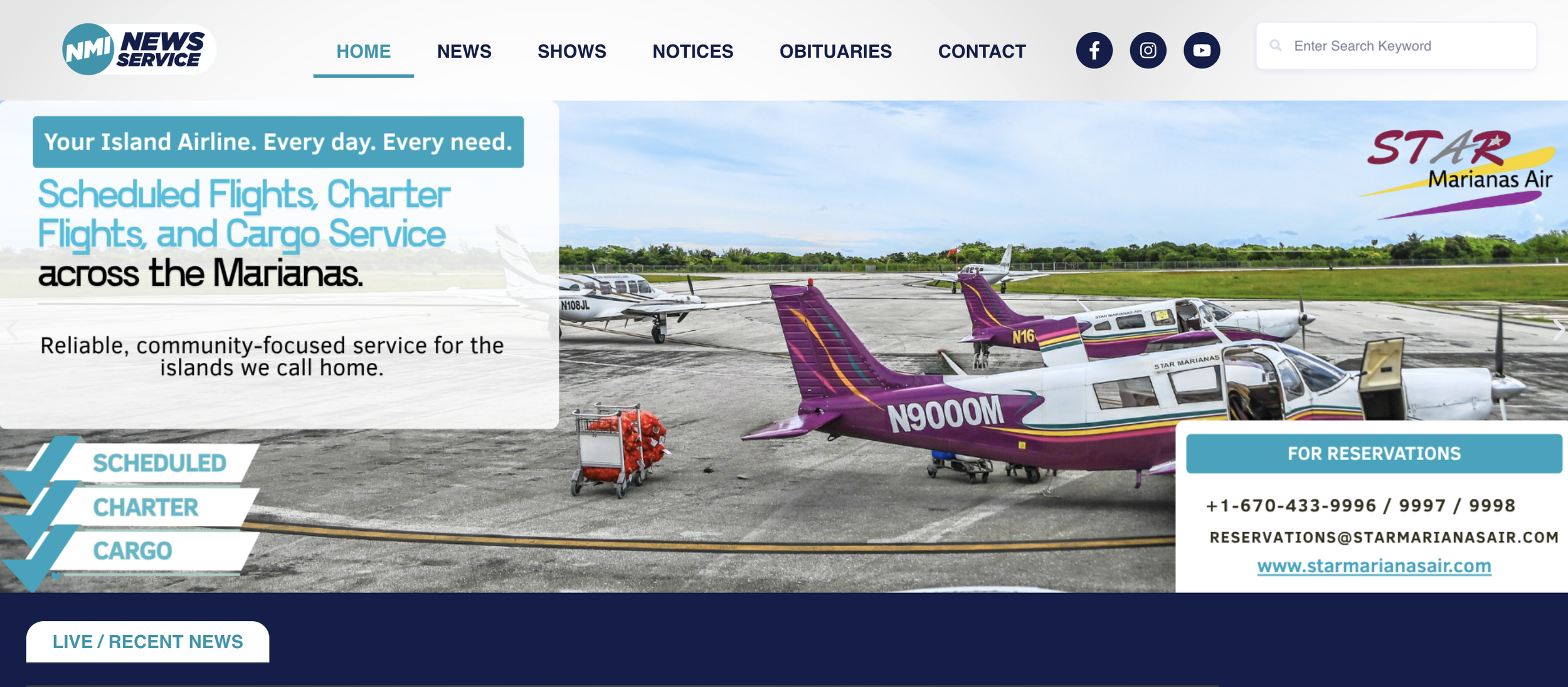 A website homepage for Star Marianas Air featuring a runway scene with multiple small aircrafts, including a purple and white helicopter in the foreground and several airplanes parked in the background. The website offers scheduled flights, charter flights, and cargo services across the Marianas.