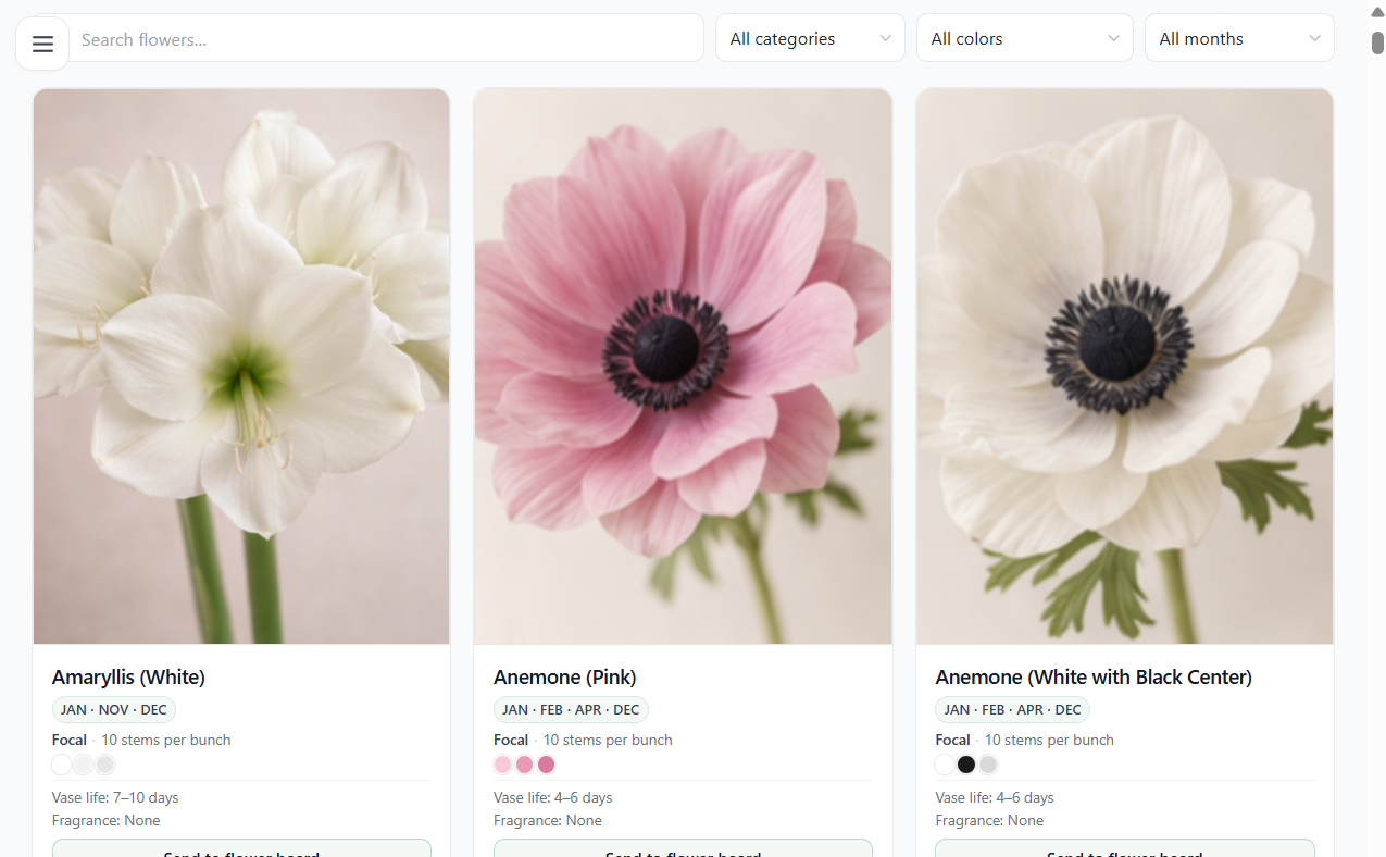 Flower catalog showing three different anemone flowers: white, pink, and white with black center.