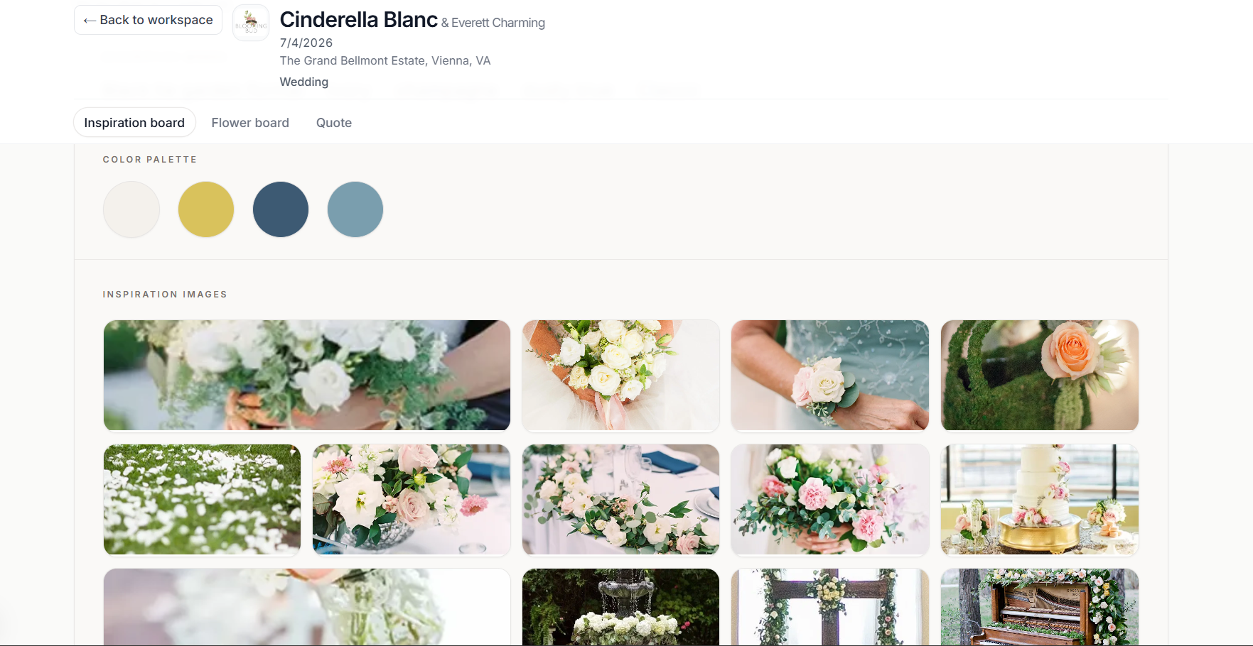 Screenshot of wedding inspiration using StemlyHQ software. Shows a board with various floral arrangements, bouquets, and wedding decor in soft pastel colors, mainly white, blush, and greenery.