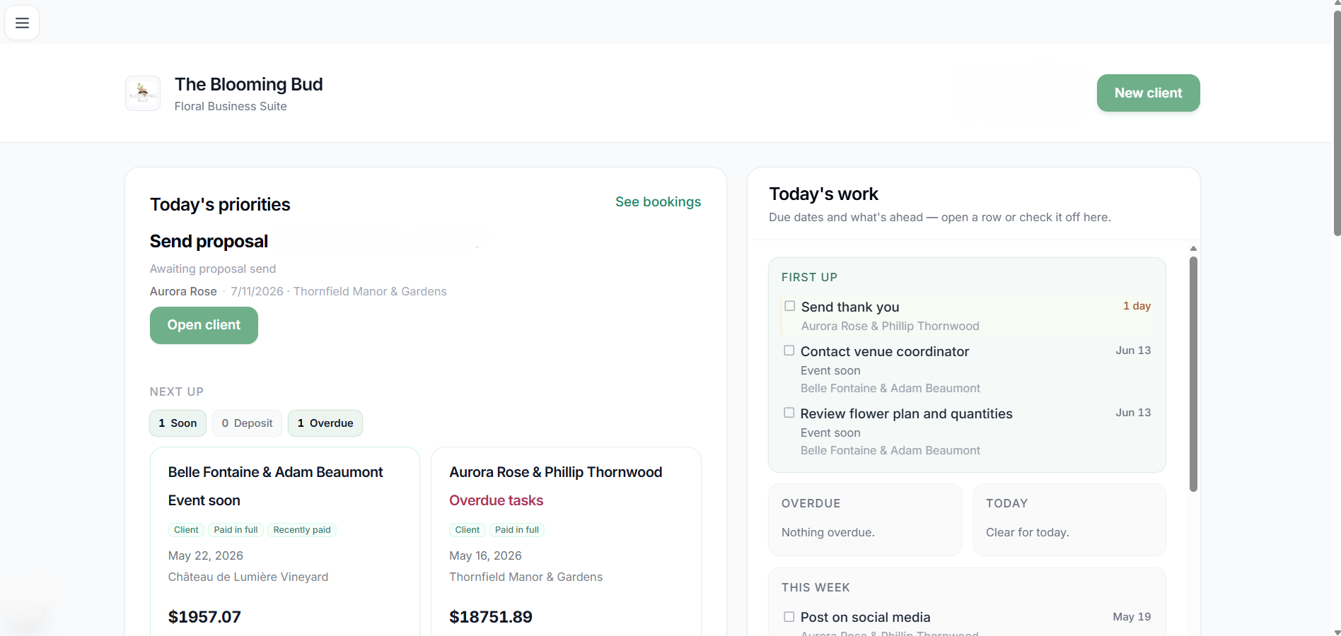 Screenshot of a web-based floral business management app called StemlyHQ. The Blooming Bud florist is showing sections for today's priorities, work, and client information.