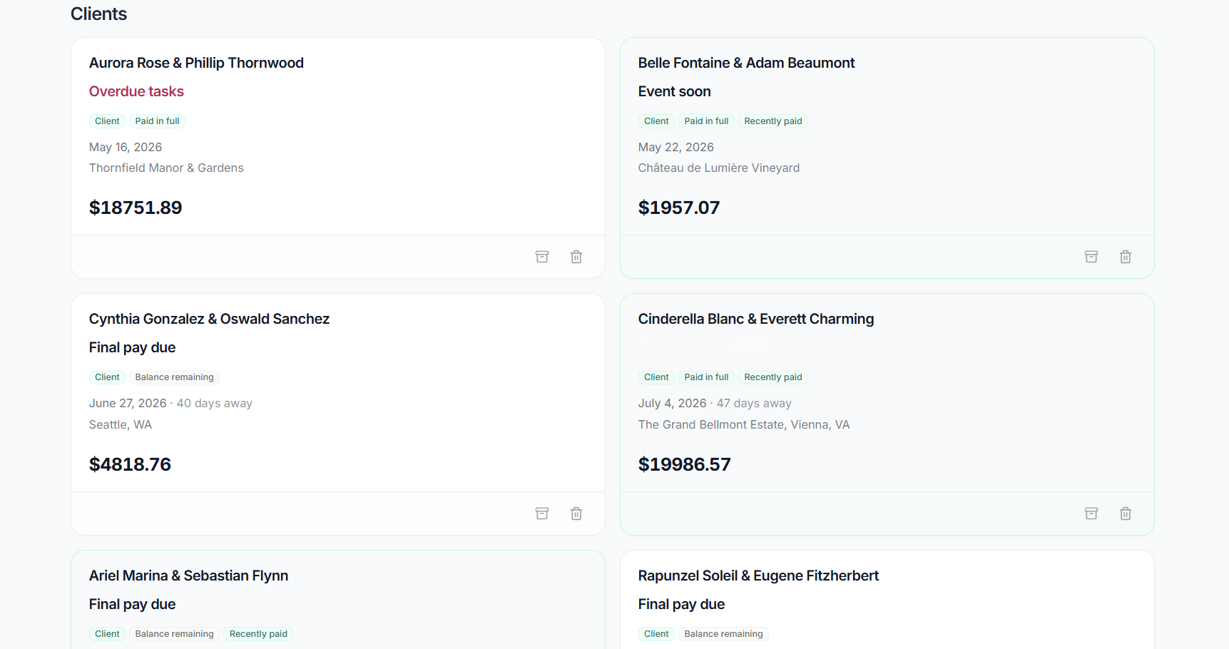Screenshot of a client payment management dashboard displaying multiple client names, billing statuses, due dates, locations, and amounts owed, with some tasks marked overdue.