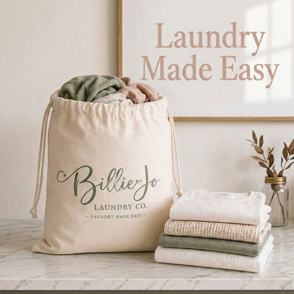 Branded Billie Jo Laundry Co laundry bag filled with clothes beside neatly folded towels, illustrating convenient drop-off wash and fold laundry service.