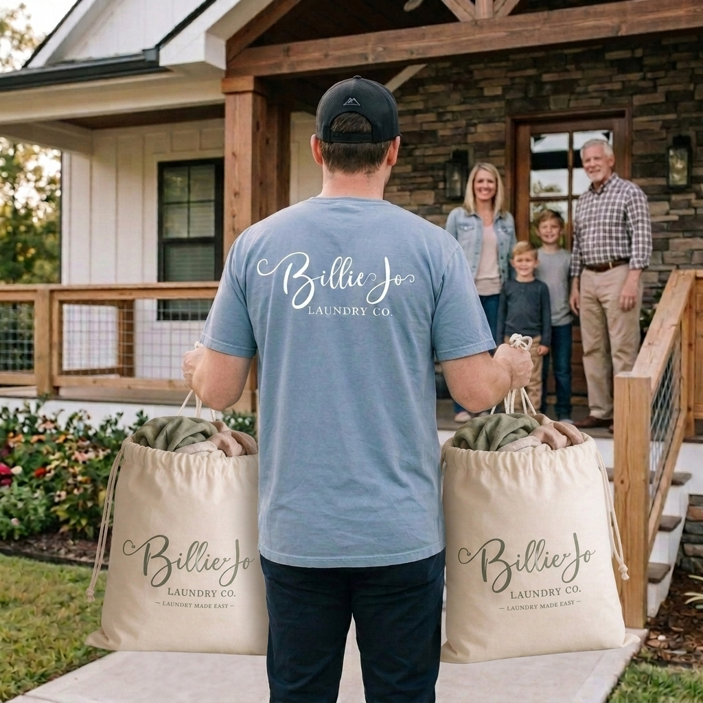 Billie Jo Laundry Co team member delivering two laundry bags to a family's front porch, representing convenient residential pickup and delivery laundry service.