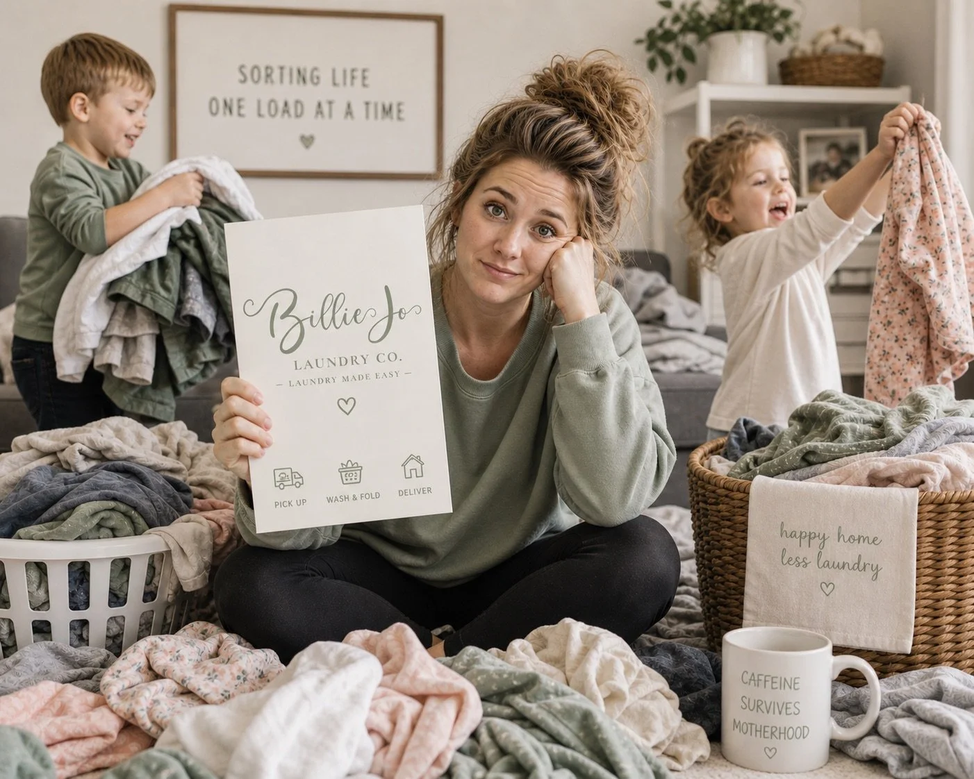 Overwhelmed mom surrounded by piles of laundry while her children help nearby, illustrating the stress of keeping up with household chores and the relief Billie Jo Laundry Co provides to busy families.