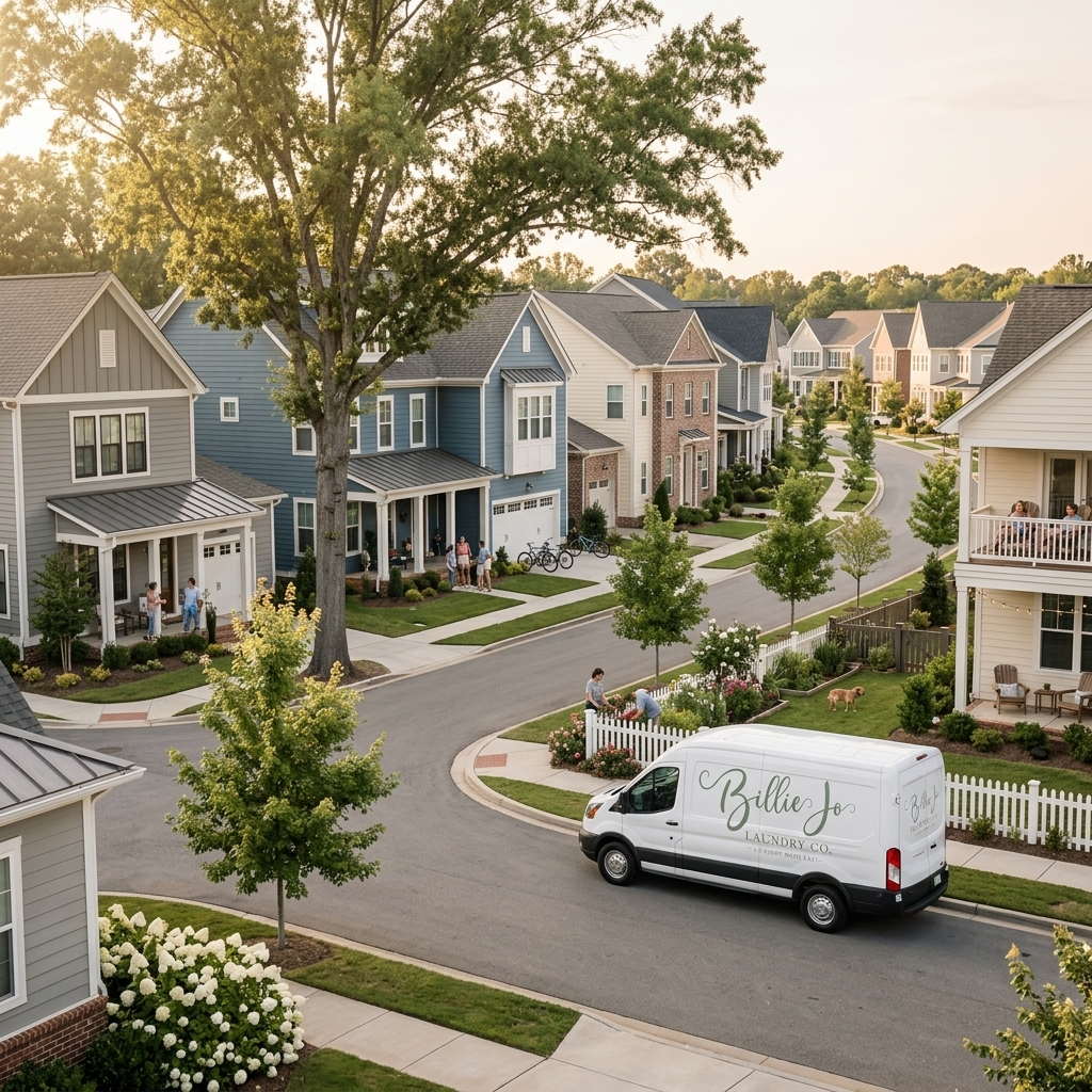 Billie Jo Laundry Co delivery van driving through a residential neighborhood, representing convenient pickup and delivery laundry service for busy families.