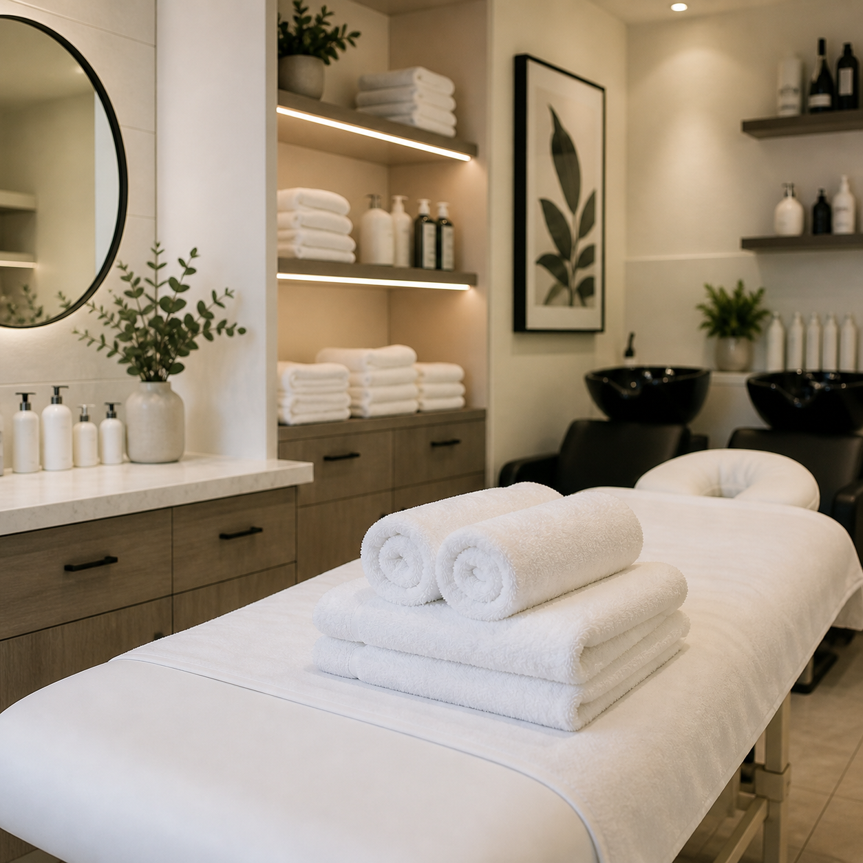 Spa treatment room with neatly folded white towels on a massage table, representing commercial laundry services for spas, salons, and wellness businesses.