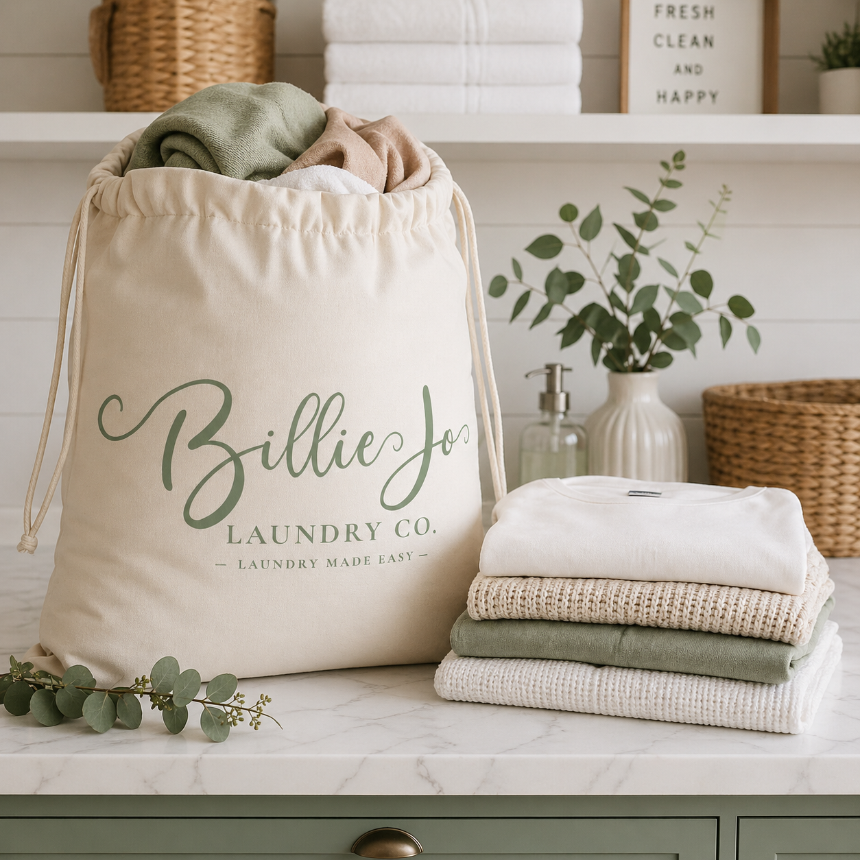 Branded Billie Jo Laundry Co laundry bag filled with freshly cleaned clothes beside neatly folded towels, representing convenient pickup and delivery laundry service.