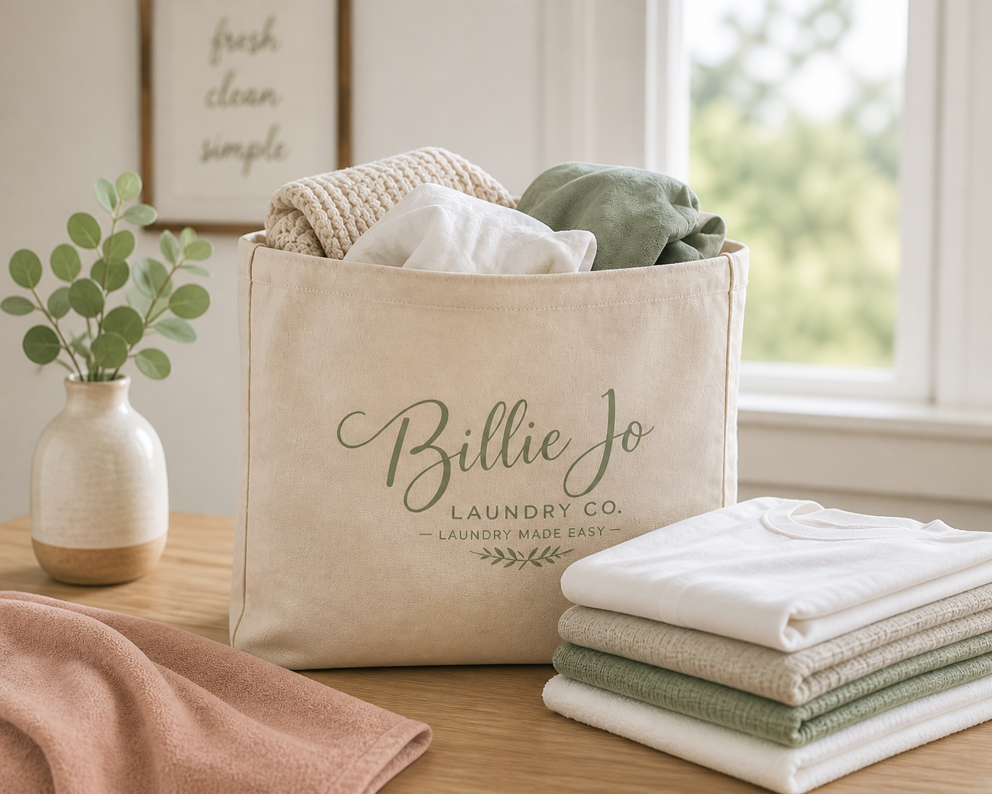 Branded Billie Jo Laundry Co tote filled with clean laundry beside neatly folded clothes, representing a simple and convenient laundry service that gives busy families more time and peace of mind.
