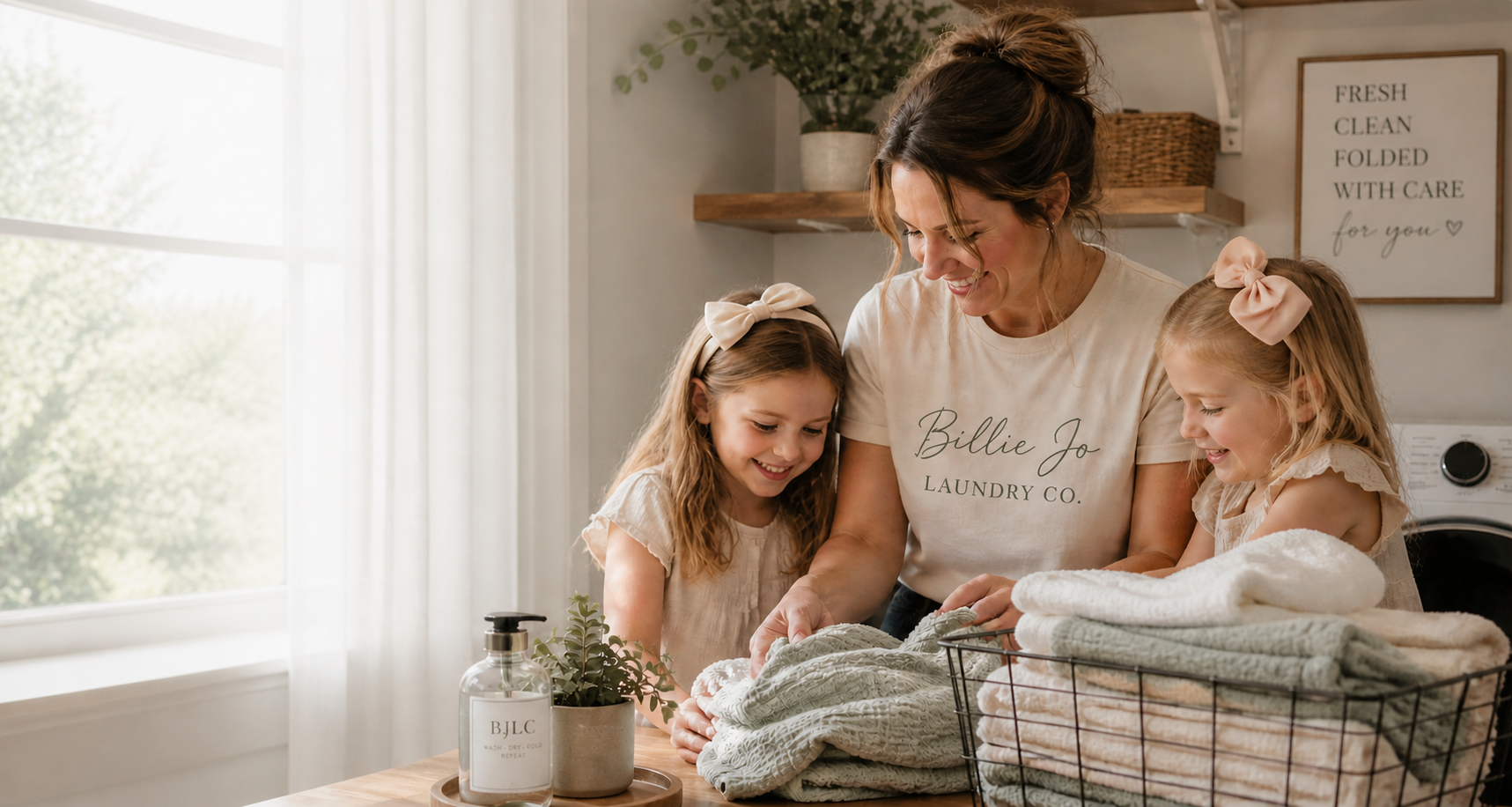 Billie Jo folding clean laundry with her two daughters in a bright home setting, representing the family-centered story behind Billie Jo Laundry Co and the gift of giving busy families more time together.